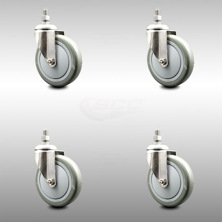 Service Caster 5 Inch 316SS Gray Polyurethane Wheel Swivel 12mm Threaded Stem Caster Set SCC-SS316TS20S514-PPUB-M1215-4